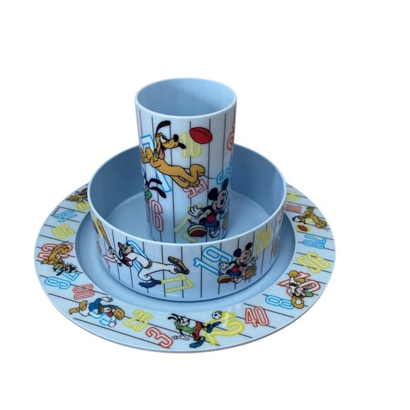 Vtg Betras Kids Mickey Mouse and Friends 3-Piece Dinnerware Set Sports 1993 New - Picture 2 of 11